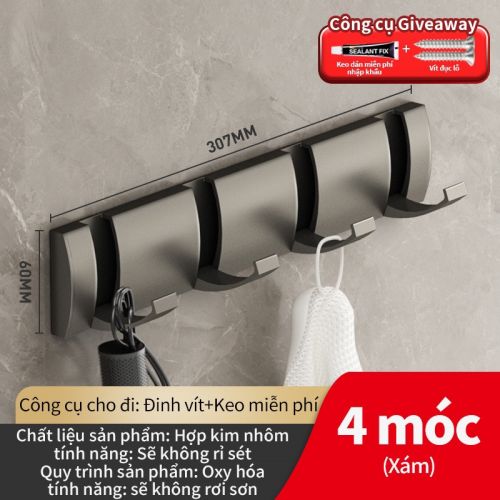 Móc áo tàng hình 4 móc màu xám