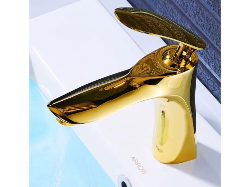 Vòi lavabo hình lá mạ vàng thấp 2-1
